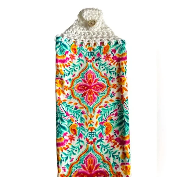 HAND CRAFTED Colorful Floral Crochet Top Hanging Kitchen or Bathroom Hand Towel - Picture 3 of 7